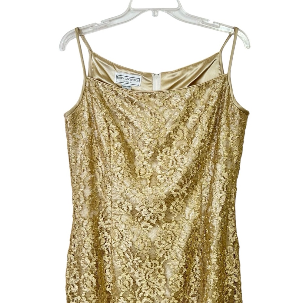 Jessica McClintock Gunne Sax Y2K Fairy Vtg Gold Mesh Lace Maxi Dress M Glam Prom - Picture 2 of 8